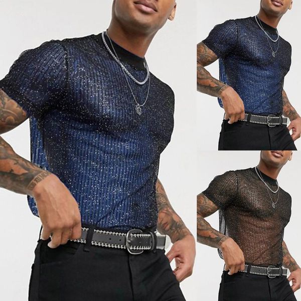 Hommes t-shirts homme été Sexy fête maille chemise Blouse serré col rond manches courtes hauts garçons vêtements d'hiver taille 6 hommes