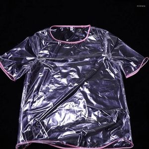 T-shirts pour hommes Homme Voir à travers Transparent PVC Rose Sexe Manches Courtes Étanche Scène Spectacle Costumes Musique Festival Punk Motobike