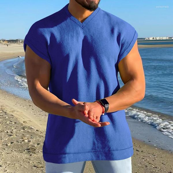 T-shirts pour hommes Homme Blanc Bleu T-shirt sans manches Été Col en V T-shirt Xxxl Coupe décontractée Débardeur Mâle Gaufre Tissu Garçons Plus La Taille T-shirt