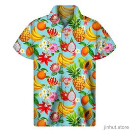 Camisetas para hombres Mango Banana Piña Gráfica Camisa Hombres Menores Estampado 3D Camisas Hawaianas Playa Summer Manga corta Botón Aloha Blusa