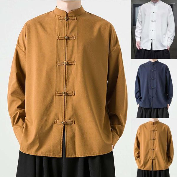 Camisetas para hombre Mono para hombre Tops de estilo vintage Hebilla de placa Hanbok Camisa de manga larga Camiseta envolvente