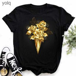 T-shirts hommes Maycaur Nouvelle mode Gold Rose Imprimer Femmes T-shirt Harajuku Manches courtes T-shirts Casual O-Cou Top Tee Noir T-shirtyolq