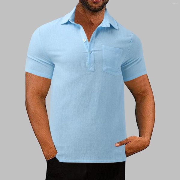 Camisetas para hombres Medio para hombres Blusa de color sólido Algodón con botones Abajo Vacaciones Playa Tops sueltos Camisa de manga larga corta Tech