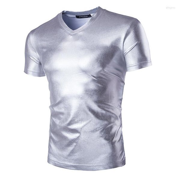 Hommes t-shirts Meihuida métallisé brillant chemise décontracté coupe ajustée col en V haut Blouses or brillant Costume fête Porfermance