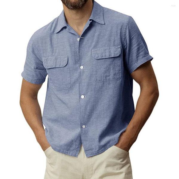 T-shirts pour hommes Chemisier décontracté pour hommes Chemise en coton et lin Hauts amples Poche à manches courtes Été Plage Beaux hommes