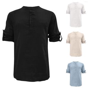 Camisetas para hombre Camiseta informal de algodón de manga larga con cuello en O sólido con botones en la parte superior de la camisa de lino