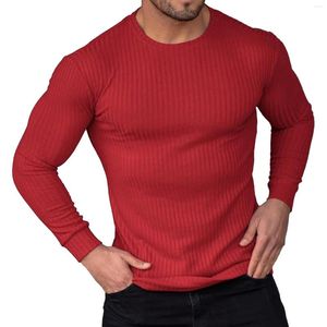 T-shirts pour hommes Vêtements pour hommes T-shirt côtelé Couleur unie Slim Ajusté Col rond Tee Tops Sports Fitness Costume Casual Manches longues