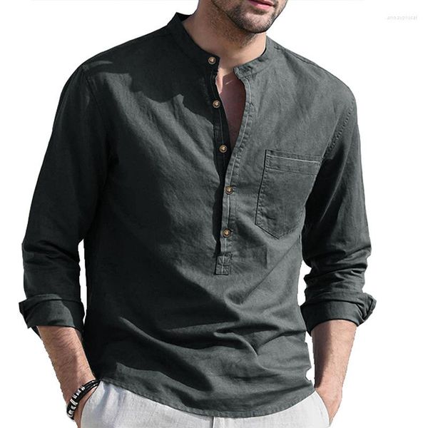 T-shirts pour hommes Chemise Henley en coton et lin pour hommes T-shirts à manches longues Casual Beach Hippie Tee Tops