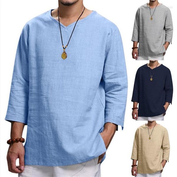 Camisetas para hombre, camiseta de manga larga de lino para hombre, camisetas de algodón informales holgadas de Color sólido para primavera y verano, ropa de moda para hombre