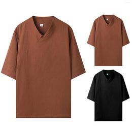 T-shirts pour hommes Chemise de course à manches longues pour hommes Col rétro Coton Manches courtes Tang Vêtements Plaque Boucle Un bouton Haut
