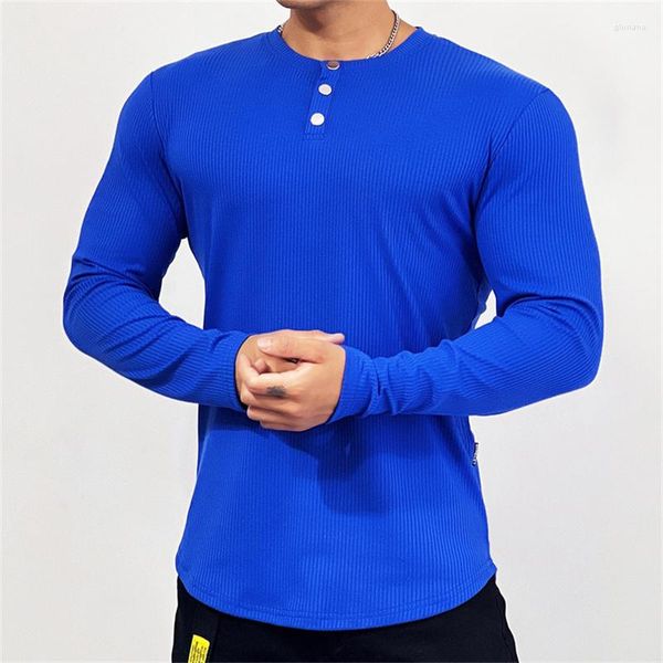 T-shirts pour hommes T-shirts à manches longues à rayures solides pour hommes Coton Col en V Hauts boutonnés T-shirt pour hommes Chemise Slim Body Stretch Respirant