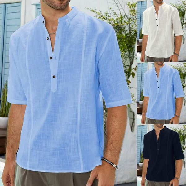 T-shirts pour hommes Chemise décontractée d'été pour hommes Couleur unie Mode Demi-manches Bouton Col montant Flanelle blanche pour hommesHommes