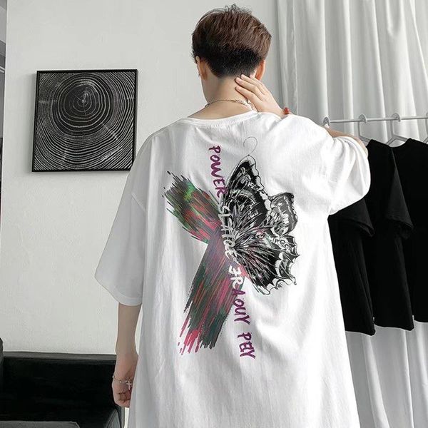 T-shirts pour hommes T-shirt pour hommes Street Art Summer Butterfly Print High Half Sleeve Washed Short T-ShirtMen's