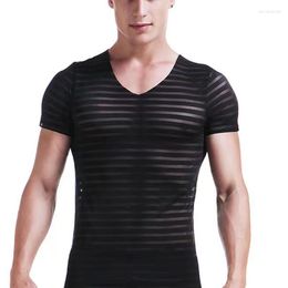 Camisetas de hombre Camisetas de hombre Malla de manga corta Camiseta de perspectiva de rayas sólidas Ropa de dormir sexy Fitness Transpirable Parte inferior ahuecada