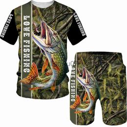 Heren T-shirts Mannen 3D Vis Gedrukt Sport Vissen Camping Camouflage Jacht T-shirt Set voor Man Kleding Streetwear Grote maten TeesShortSuits J230705