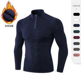 T-shirts pour hommes Hommes automne et hiver avec des vêtements de fitness en velours T-shirt stretch sport serré en cours d'exécution manches longues chaud col montant à capuche J230705