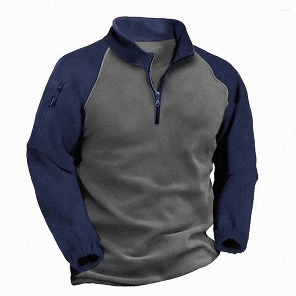 Camisetas para hombres Hombres Otoño Invierno Polar Cálido Grande Al aire libre Zip Up Manga larga Medio tirón Cadena Cuello Camiseta Patchwork Casual Masculino