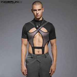 Heren T-shirts Heren bodysuits Mesh Patchwork Uithollen Sexy Rompertjes O-hals Korte mouw 2023 Transparant Mode Mannelijke bodysuit S-3XL 724328