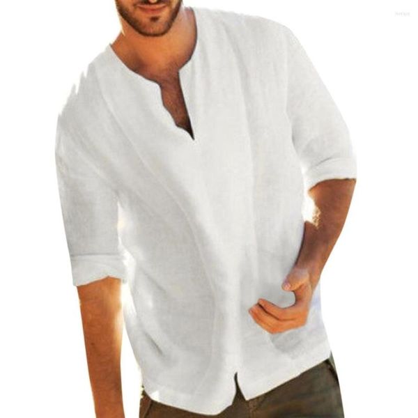 Camisetas para hombre, camiseta informal de manga larga con cuello en V y dobladillo cortado, blusa suelta de lino y algodón