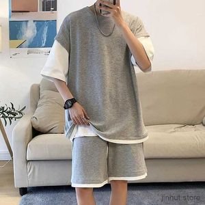 Heren t-shirts Men Casual Sets Patchwork Solid Color O-Neck T-shirt Drawtring Losse shorts Outdoor Outdoor Casual Jogging Tracksuit Men Streetwear