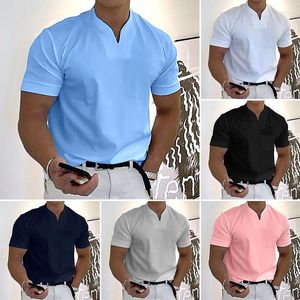 Heren t shirts mannen casual korte mouw sport t-shirt vaste kleur polo shirt v nek tops pocket tees mode losse elastische pullover l-4XL