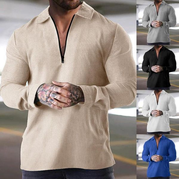 Camisetas para hombre, camiseta informal con cremallera sólida para hombre, blusa con cuello vuelto, blusa larga para paquete, manga alta, Spandex