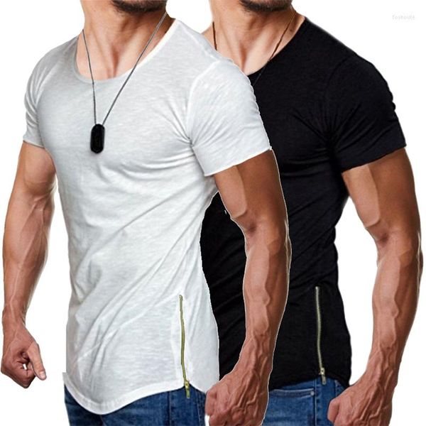 T-shirts pour hommes Chemise unie décontractée pour hommes avec fermeture à glissière latérale Col ras du cou Swag Hem Funny Hip Hop Stretwear Tee Short Sleeve Hipster Male Tops