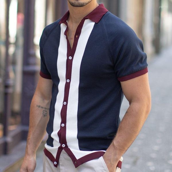 Hommes t-shirts hommes vêtements 2023 été simple boutonnage épissage couleur tricoté chemise hommes décontracté