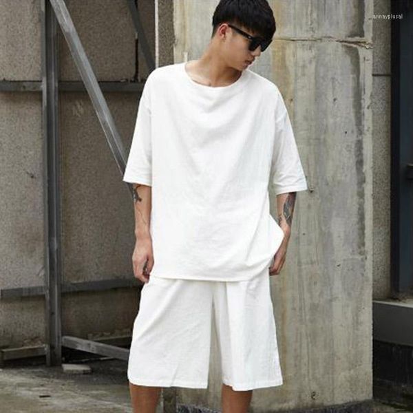 Hommes t-shirts hommes coton lin 2 pièces ensemble (t-shirt Shorts) homme Streetwear Hip Hop chemise décontractée large jambe Shorts blanc noir t-shirts