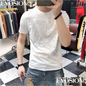 Camisetas para hombres Camiseta de algodón para hombres Tops de verano Taladro corto Slim Fit Plano Diseños de diamantes de imitación Impreso Tamaño más grande Homme Tee Ropa D Dhlw1