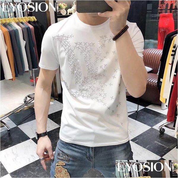 T-shirts pour hommes T-shirt en coton pour hommes Tops d'été Drill Short Slim Fit Avion Strass Designs Imprimé Plus grande taille Homme Tee Vêtements D Dhlw1