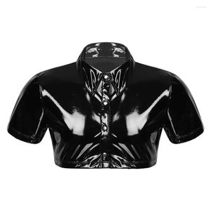 Hommes T-shirts Hommes Crop Tops Wet Look PVC Blouse Faux Cuir Verni Chemise Veste Manteau PU Slim