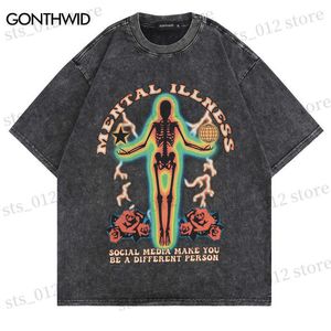 T-shirts voor heren mannen verontrusten t-shirts Hip Hop Skull Skelet-print Punk Gothic Rock T-shirt Streetwear Harajuku Vintage Casual Cotton Tee Top T230512