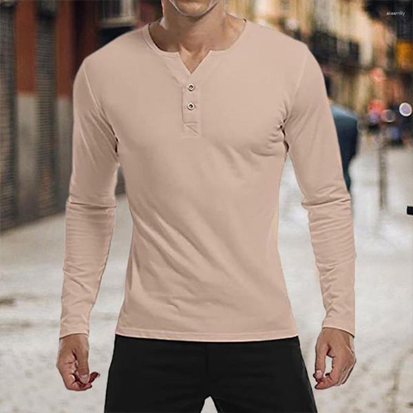 T-shirts pour hommes T-shirt d'automne pour hommes Manches longues Col en V Coupe ajustée Boutons de couleur unie Doux Respirant Henley Pull mi-long Homme Printemps Bo