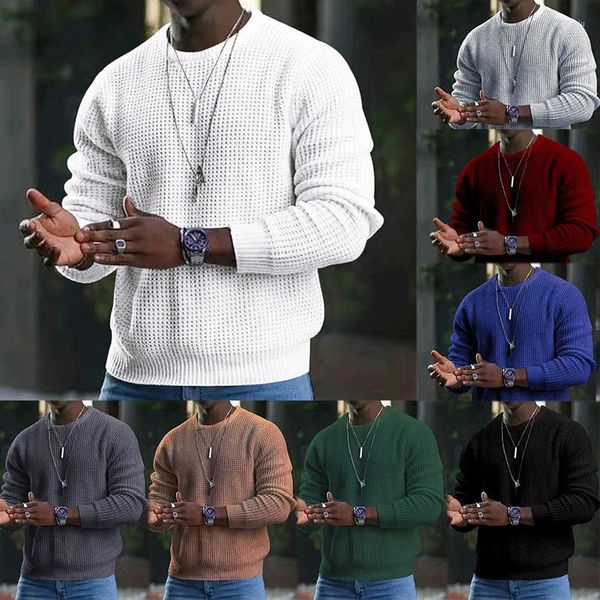 Hommes t-shirts hommes mode décontracté col rond pull en tricot gaufré polyvalent à manches longues chemise tricotée automne hiver sous-poil t-shirts hauts