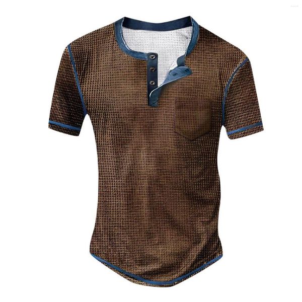 T-shirts pour hommes hommes mode décontracté Polo bouton couleur unie Plaid poche hauts à manches courtes col rond vêtements quotidiens vêtements masculins