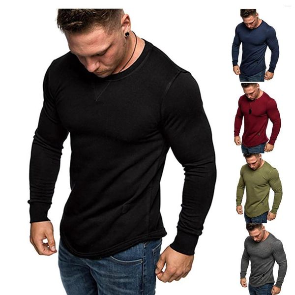 Camisetas para hombre, ropa de moda para hombre, camisetas de manga larga 2022, camiseta informal con cuello redondo, camisetas minimalistas sólidas, ropa con músculos para hombre