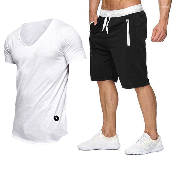 Hommes T-shirts Hommes Mode Deux Pièces Ensembles Slim Fit Col En V Short Costume Été Hauts T-shirts Rue Tshirt Vêtements