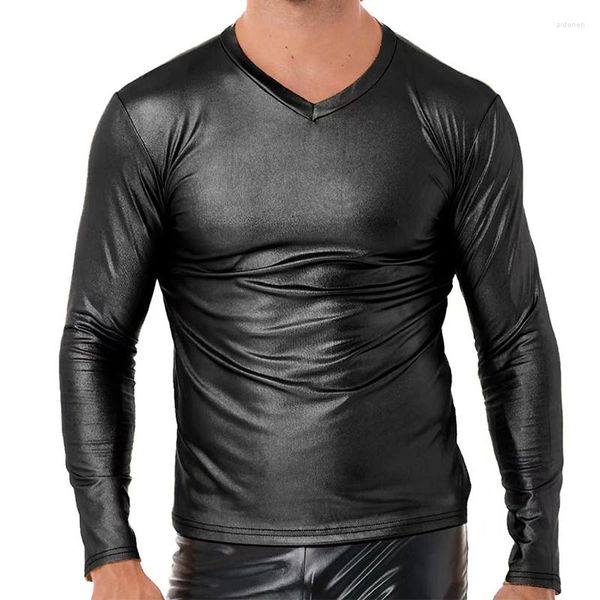 Hommes T-shirts Hommes Faux Cuir T-shirts À Manches Longues Col En V Fitness Latex Tenues PVC Pull Streetwear Clubwear Costumes