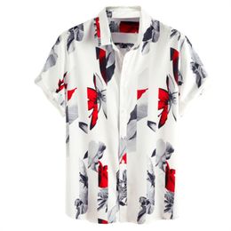 Heren T-shirts Heren Bloemen Shirts Slim Fit T-shirt Katoen Linnen Print Korte mouw Knop Heren Mode Blouse Top Vetement Homme 2023