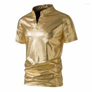 Heren T-shirts Heren Goud Glanzend Henry Neck Shirt Mode Korte mouw Gecoat Metallic Nachtclub Disco Party T-shirt Hip Hop Homme Kostuum 2024