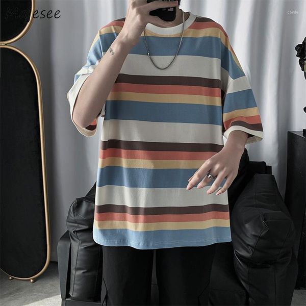 Camisetas para hombres Camisetas de media manga para hombres Parejas de verano Camisetas Ulzzang con paneles sueltos a rayas Hombre Todo fósforo Transpirable Estudiantes Ocio