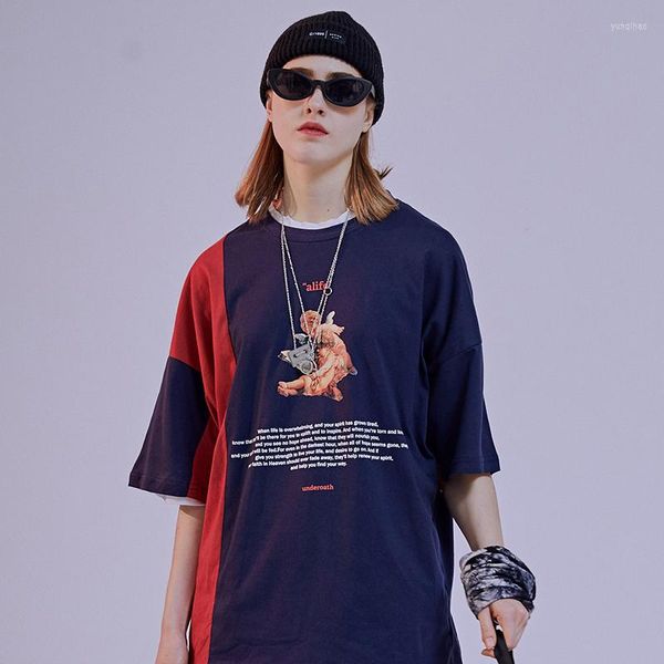 Hommes t-shirts hommes Hip Hop chemise Streetwear couleur bloc Patchwork Harajuku bébé ange T-shirt à manches courtes été 2022 T-Shirt couverture en coton