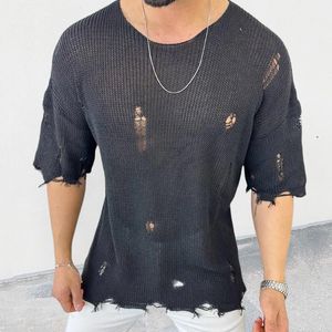 Camisetas de hombre Los hombres ahuecan hacia fuera Agujeros sexy Camiseta Prendas de punto Casual Manga corta suelta O Cuello Jersey Tops Camiseta de punto Hombre Streetwear 230617