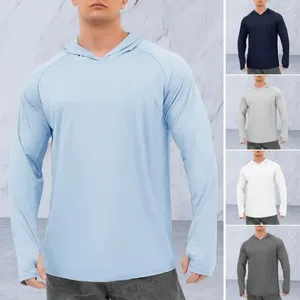 T-shirts pour hommes hommes à capuche à manches longues crème solaire hauts couleur unie conception de trou de pouce coupe ajustée t-shirt en soie glacée séchage rapide