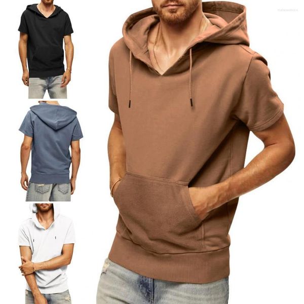 Camisetas para hombre, camiseta con capucha para hombre, camiseta de manga corta con cordón, sudadera con bolsillo frontal de verano, camiseta deportiva con capucha de Color sólido