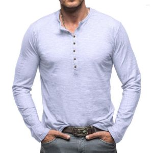 Camisetas para hombres Hombres Manga larga Henley Grandad Camisa Cuello Tops Blusa Botón Hasta Músculo Slim Fit Activewear