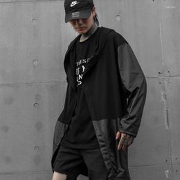 Heren t shirts mannen met lange mouwen shirt met hooded pu lederen patchwork rits ritsjes tops man gothic vintage oversized mantel punk hiphop street