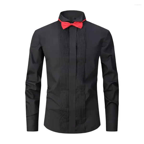 T-shirts hommes hommes chemise à manches longues élégant col montant affaires avec noeud papillon pour les événements formels bureau de couleur unie