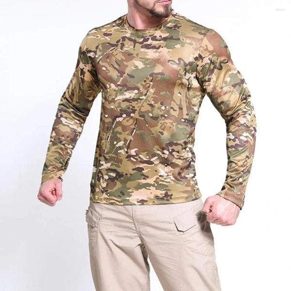 Camisetas para hombres Camiseta de entrenamiento con estampado de camuflaje de manga larga para hombres con tecnología de secado rápido Diseño ajustado para exteriores